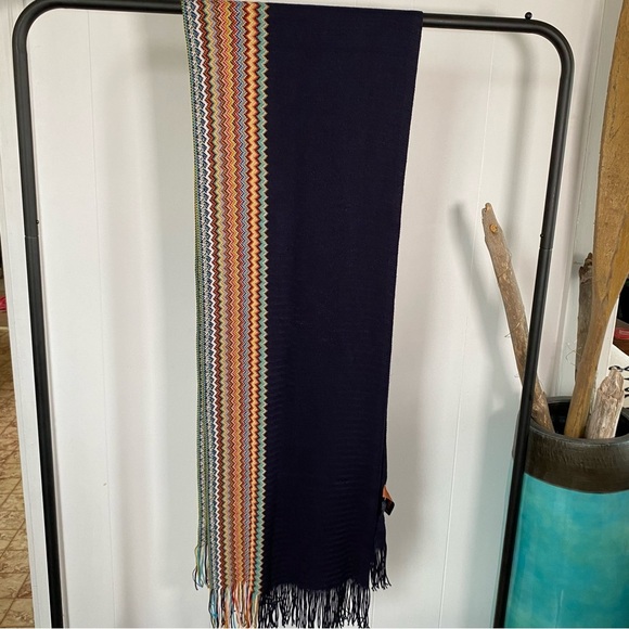Missoni Wool Blend Knit Zigzag Designer Scarf Fringe Multicolour Blue Italy - Picture 2 of 11